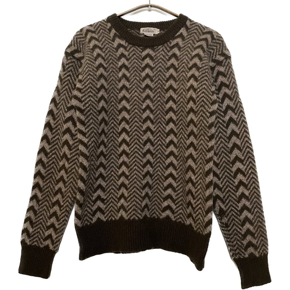 Vintage 100% Wool Shetland Sweater Women Medium Brown Tan Chevron Intarsia 70s